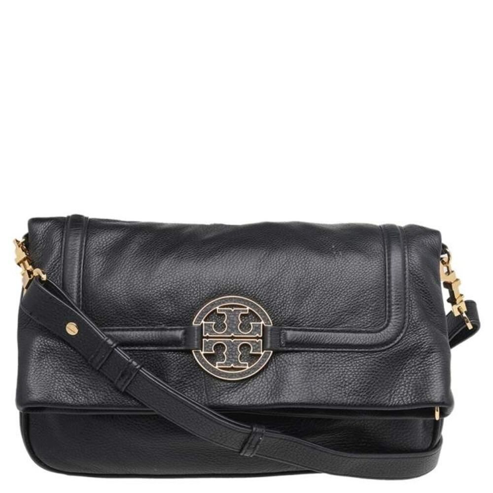 Tory Burch Black Leather Amanda Foldover Black Pebble Leather Crossbody EUC